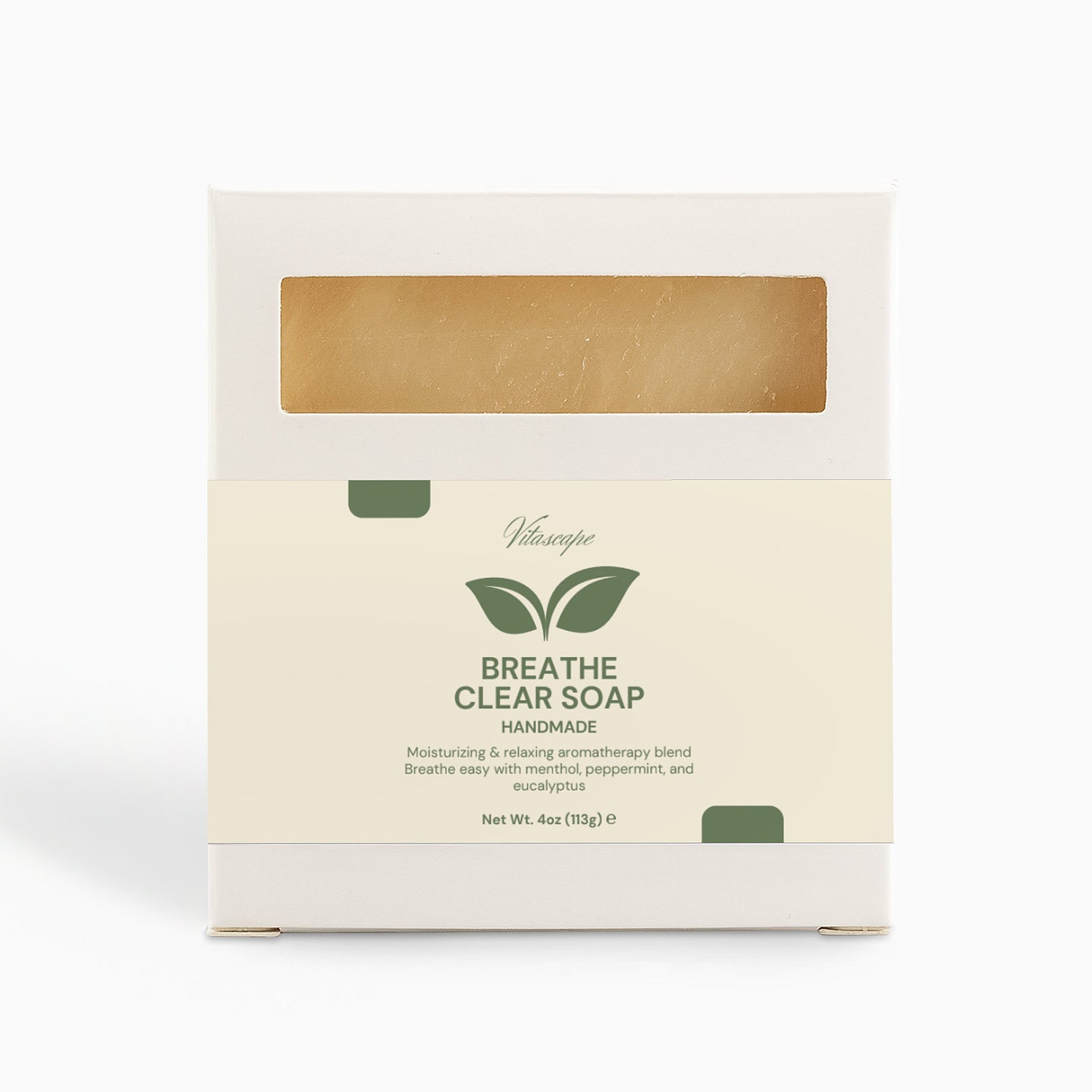 Vita-Scape's Breathe Clear Soap bar, visually capturing its natural, soothing essence. The soap is enriched with eucalyptus and other herbal ingredients, specifically designed to aid respiratory wellness and provide a refreshing, sinus-clearing experience. Ideal for those seeking a natural approach to clear breathing and a revitalizing body cleanse